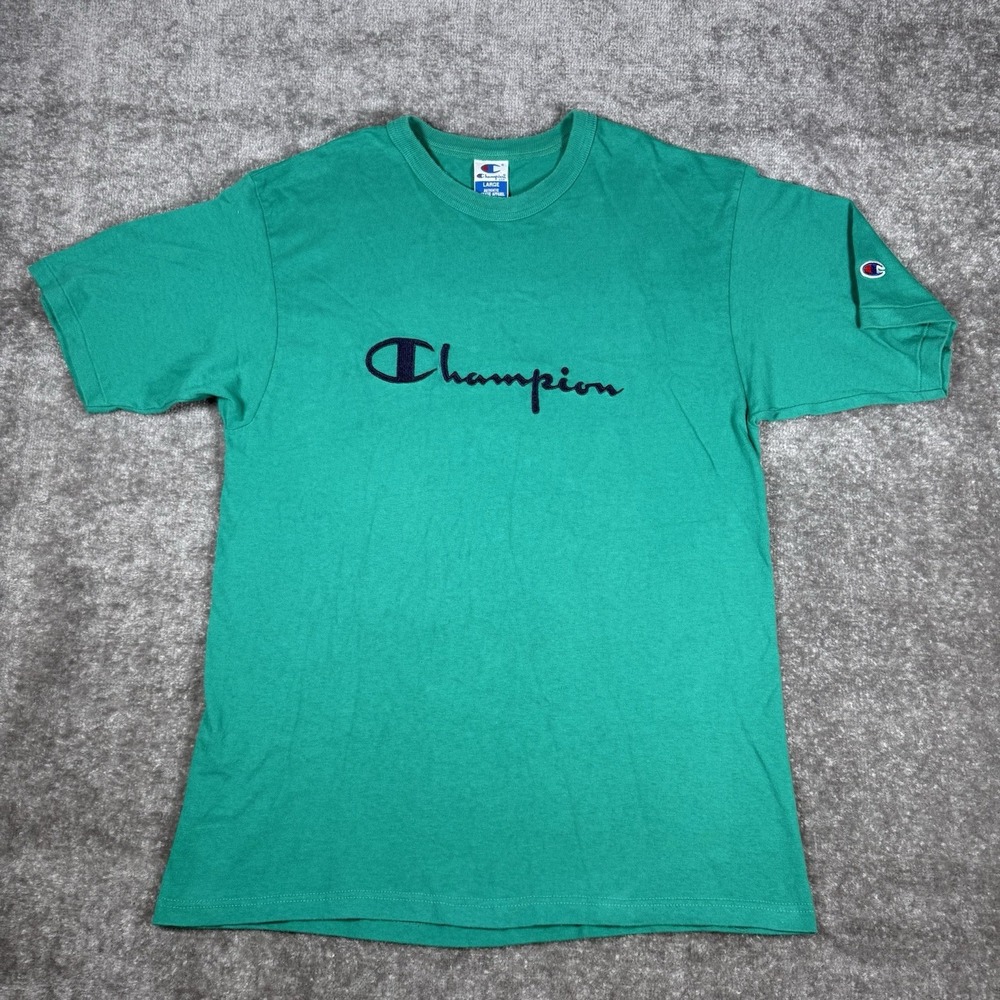 Vintage Champion T-Shirt Men's Large Green Logo Spellout‎ USA Made Single Stitch